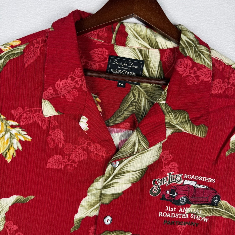 Straight Down Mens XXL Red Hawaiian Shirt San Luis Roadsters Show Floral Rayon